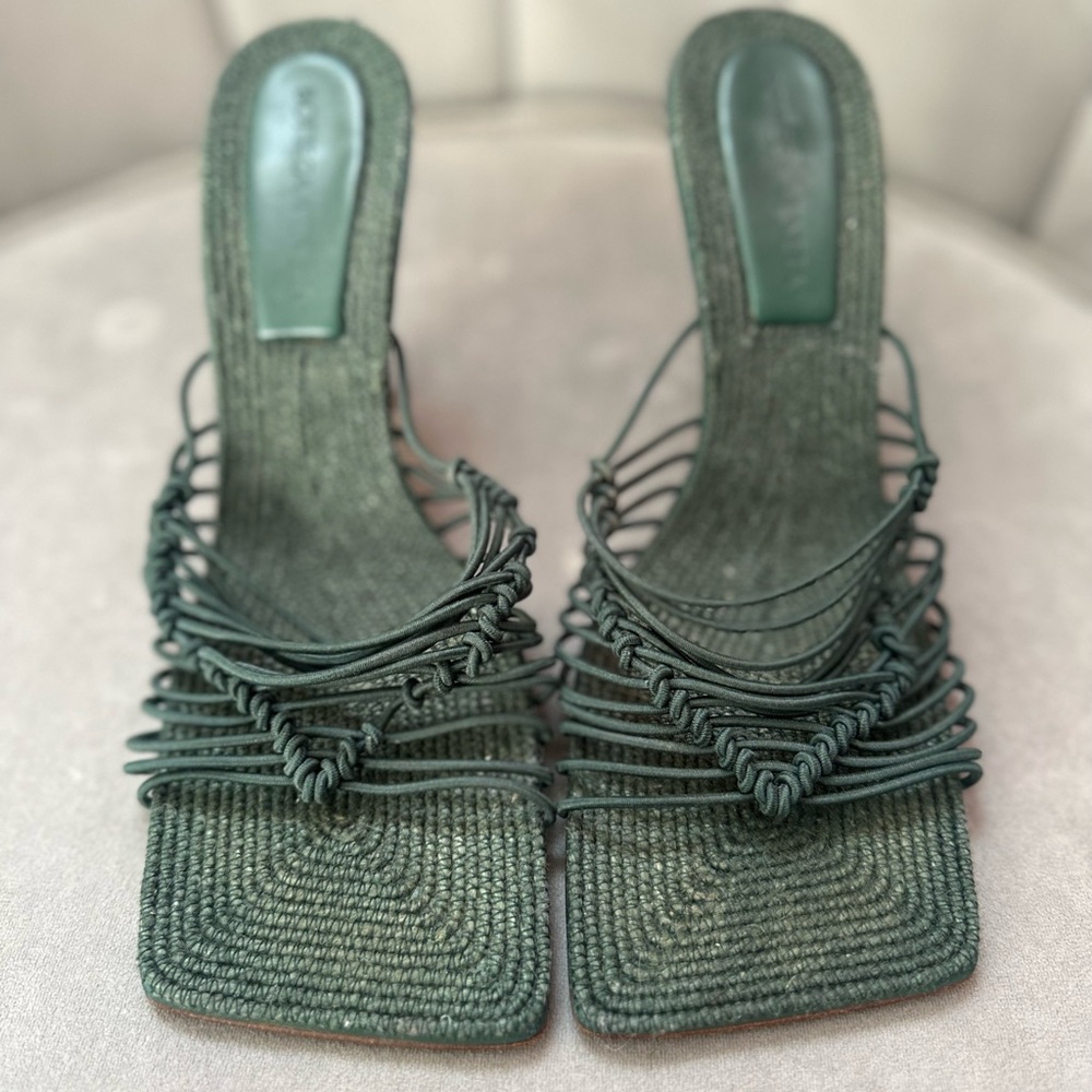 Bottega Veneta Dark Green Woven Knot Slide Heels - Picture 2 of 4